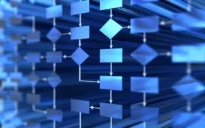 Decision Model and Notation (DMN) | Abstrakte Darstellung digitaler Entscheidungslogik und vernetzter Geschäftsregeln am Laptop | MID GmbH
