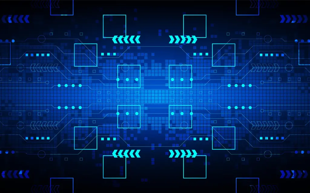Entscheidungen treffen mit DMN | Abstrakte Darstellung strukturierter Entscheidungslogik durch blau leuchtende Kästchen | MID GmbH