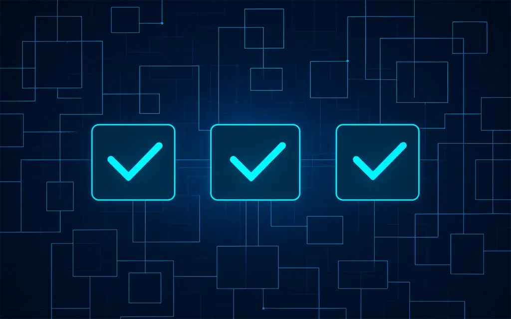 Decision Model and Notation (DMN) im Unternehmen | Abstrakte Darstellung strukturierter Entscheidungen mit drei blau leuchtenden Checkboxen | MID GmbH