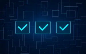 Decision Model and Notation (DMN) im Unternehmen | Abstrakte Darstellung strukturierter Entscheidungen mit drei blau leuchtenden Checkboxen | MID GmbH