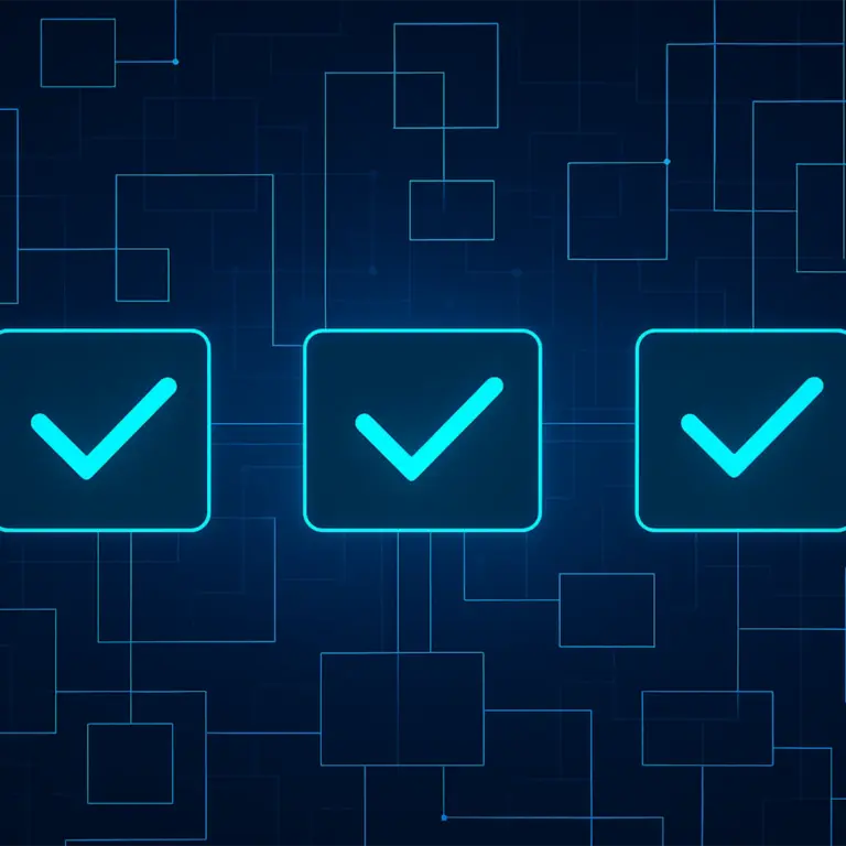Decision Model and Notation (DMN) im Unternehmen | Abstrakte Darstellung strukturierter Entscheidungen mit drei blau leuchtenden Checkboxen | MID GmbH