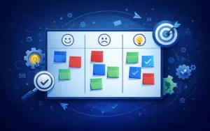 Scrum-Retrospektive visualisiert als Kanban-ähnliches Board mit farbigen Haftnotizen, Symbolen für Bewertung und Zielerreichung – Sinnbild für kontinuierliche Verbesserung im Scrum-Team | MID GmbH