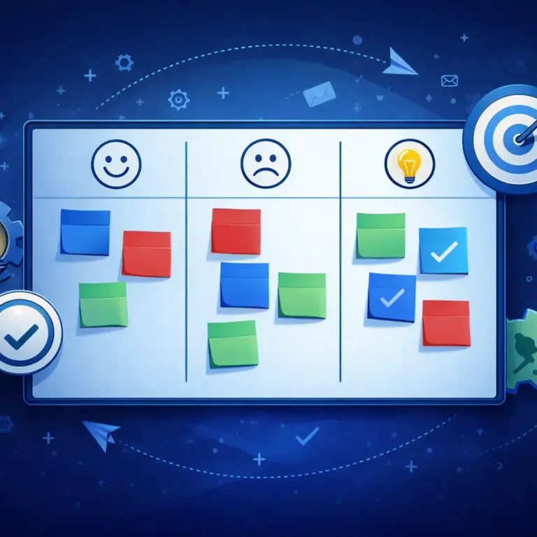 Scrum-Retrospektive visualisiert als Kanban-ähnliches Board mit farbigen Haftnotizen, Symbolen für Bewertung und Zielerreichung – Sinnbild für kontinuierliche Verbesserung im Scrum-Team | MID GmbH