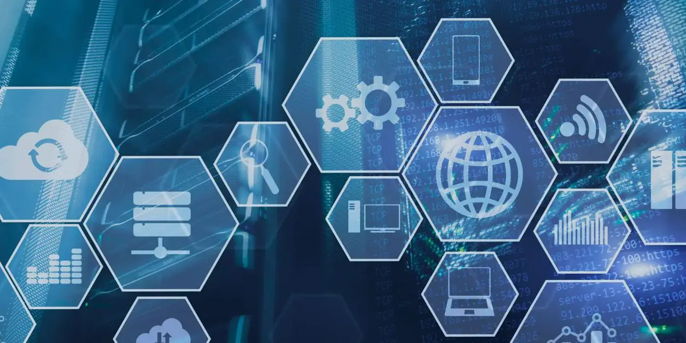 mid-gmbh-unternehmensarchitektur-ki-agent-eamkon-2025-headergrafik Visualisierung digitaler Unternehmensarchitektur mit Symbolen für IT-Systeme, Daten, Cloud und künstliche Intelligenz – Headerbild der EAMKON 2025