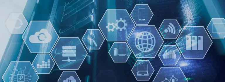 Visualisierung digitaler Unternehmensarchitektur mit Symbolen für IT-Systeme, Daten, Cloud und künstliche Intelligenz – Headerbild der EAMKON 2025