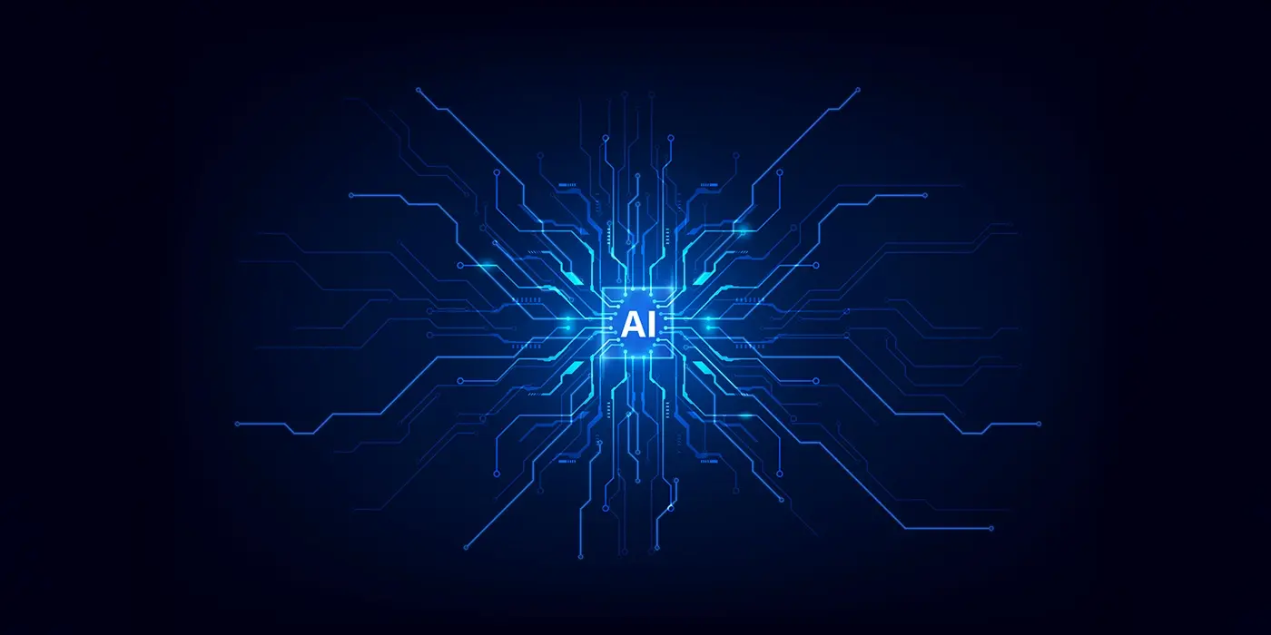 MID GmbH | Blau leuchtendes Schaltkreis‑Design auf dunklem Hintergrund mit strahlenförmigen Leiterbahnen und einem zentralen, hervorgehobenen Chip mit der Aufschrift „AI“, symbolisiert Künstliche Intelligenz und Vernetzung.