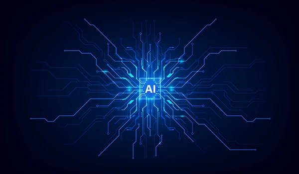 MID GmbH | Blau leuchtendes Schaltkreis‑Design auf dunklem Hintergrund mit strahlenförmigen Leiterbahnen und einem zentralen, hervorgehobenen Chip mit der Aufschrift „AI“, symbolisiert Künstliche Intelligenz und Vernetzung.